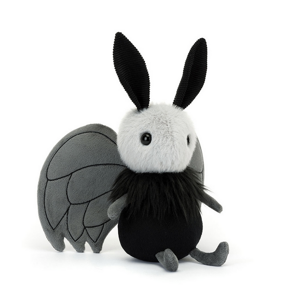 Plush Miff Mothman from Jellycat. A stuffed animal with black body, grey head and dark grey wings. 