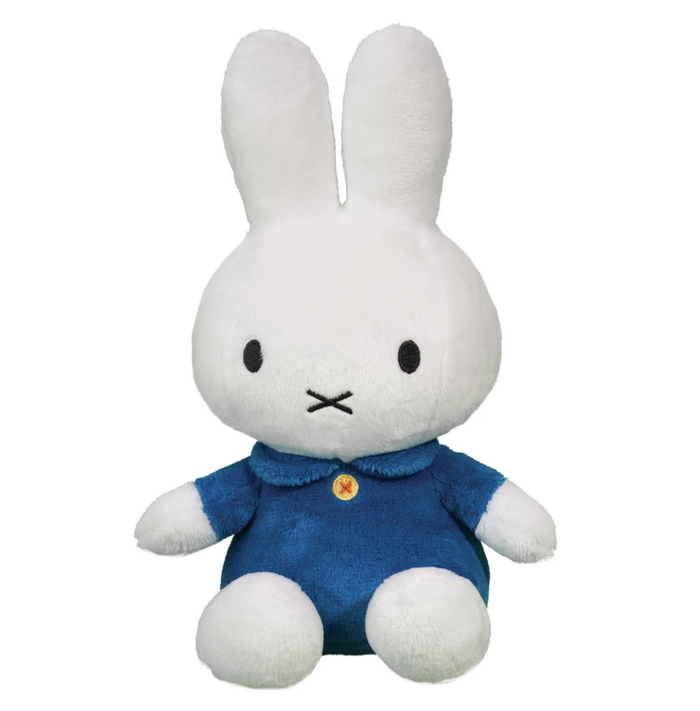Plush Miffy Bunny wearing a blue dress. 