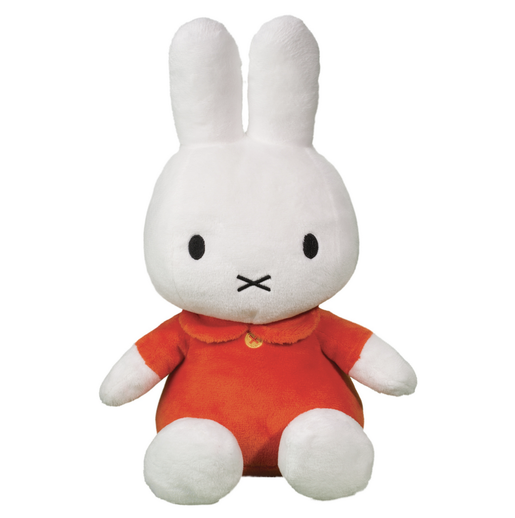 Large Classic Miffy plush doll wearing a bright, red dress with a yellow button at the collar. 