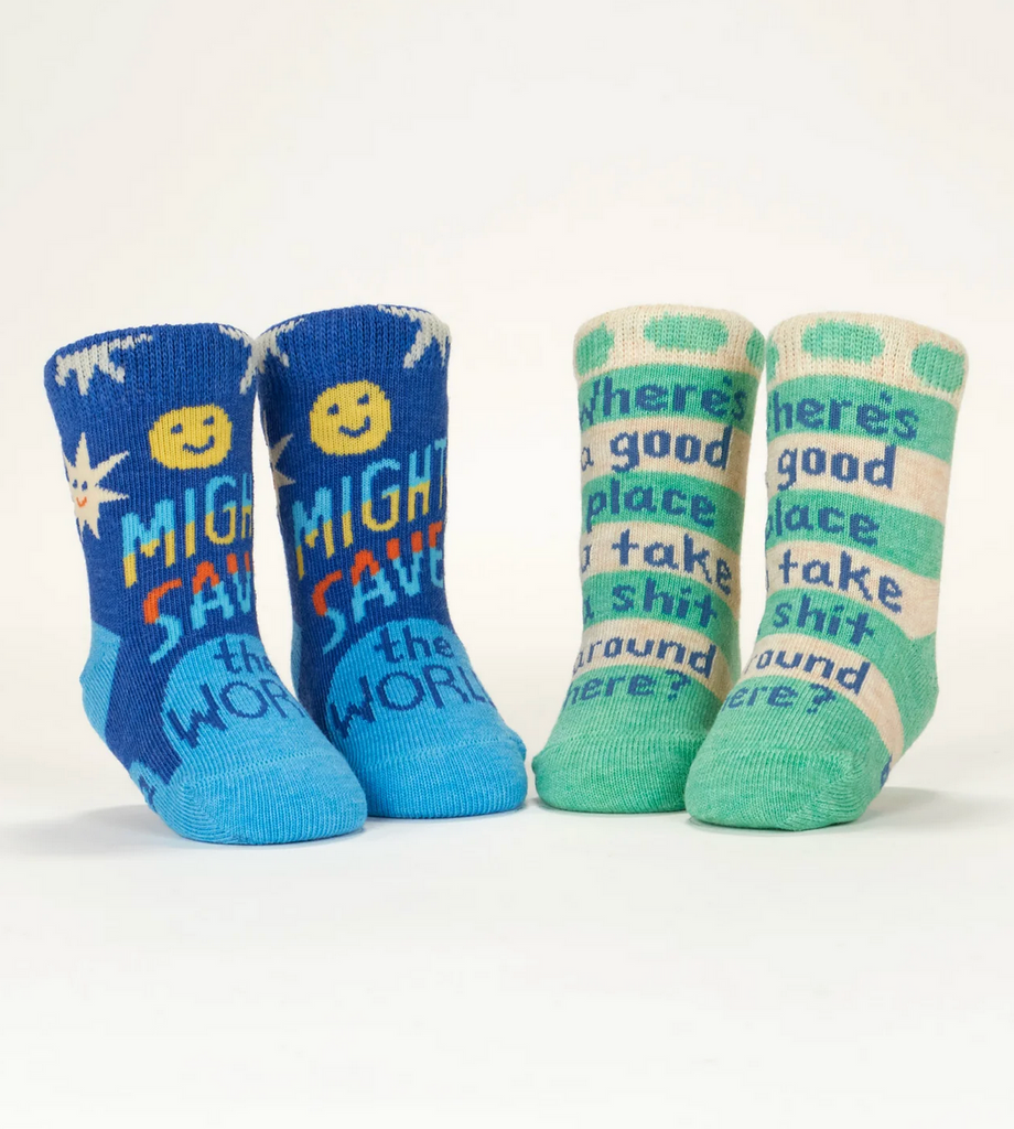 The "Might Save the World" and "Where's a good place to take a shit around here?" socks displayed on baby mannequin feet. 