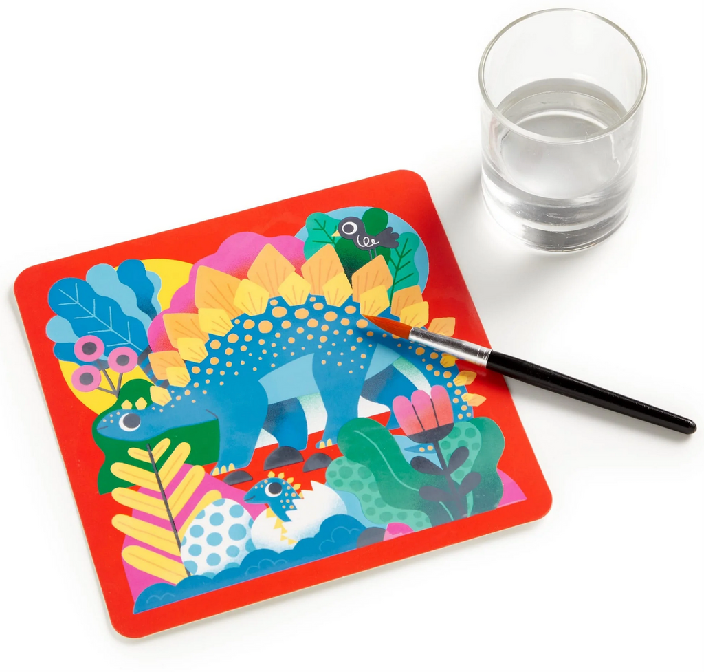 One of the color magic water reveal board from the Mighty Dinosaurs pack with vivid colors revealed using the included paint brush and plain water. 