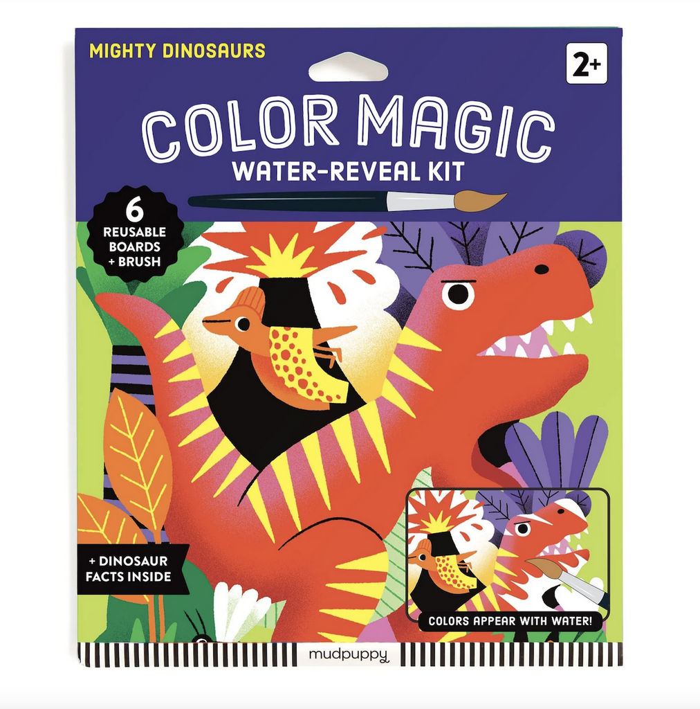 The Mighty Dinosaurs Color Magic Water Reveal Kit packaged in a boldly illustrated envelope featuring a ferocious orange and yellow dino amongst vibrant colored foliage. 
