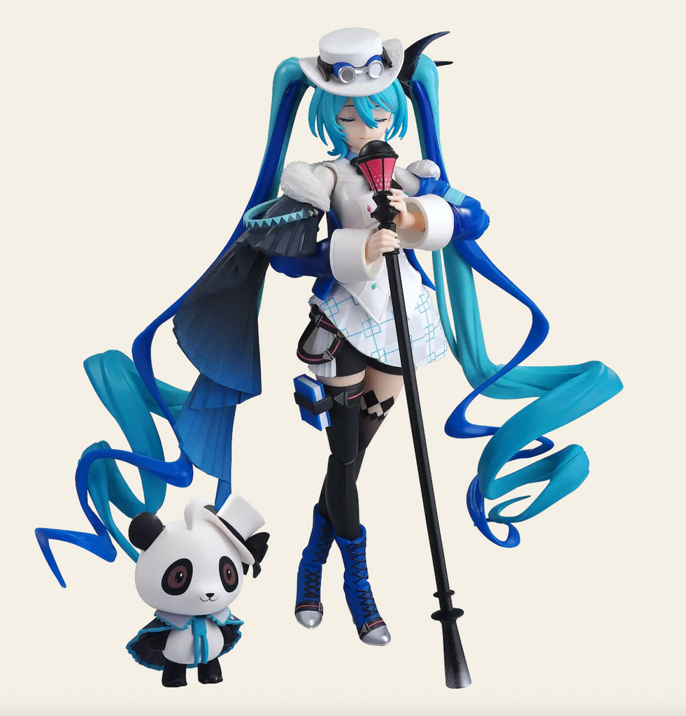 The Miku with you model holding a tall microphone with her faithful companion Tek-ne by her side. 