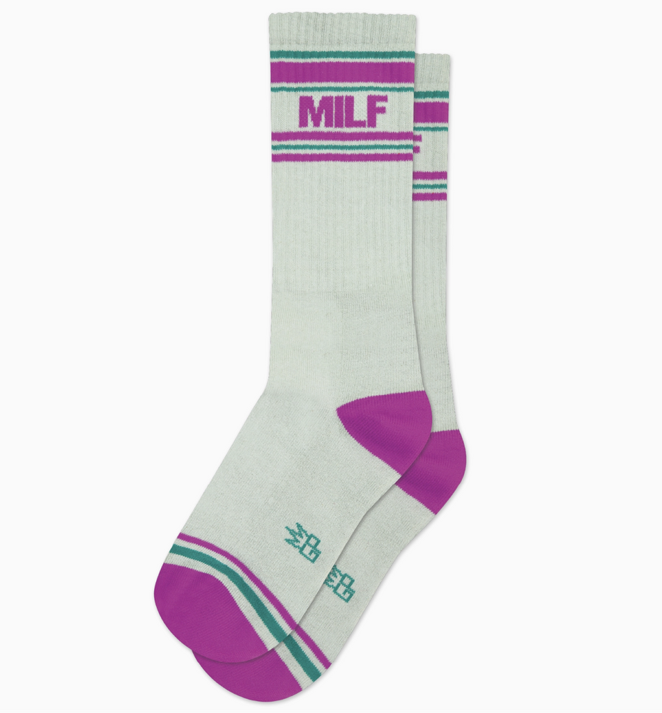 White tube socks with purple and green stripes that read "MILF" in purple letters. 