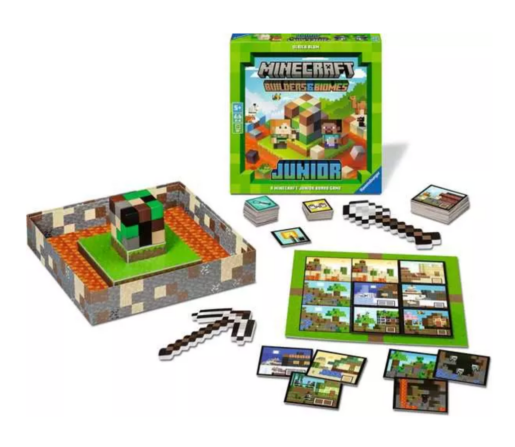 Minecraft Junior board game set with colorful game pieces including a shovel, pick axe and different cards that determine game play in this kids cooperative game. 