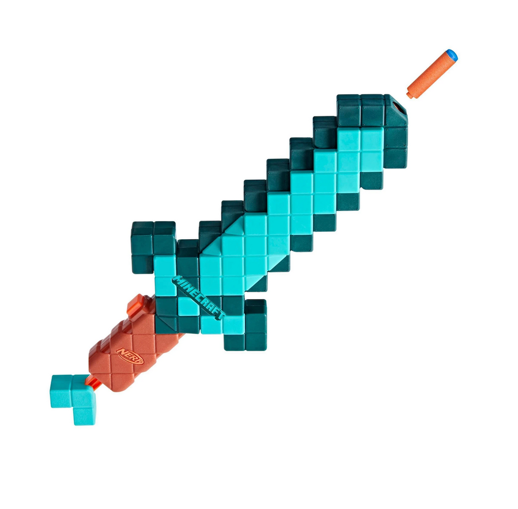 The Nerf Minecraft Diamond Sword shown with a dart being shot out of the tip of the sword. 