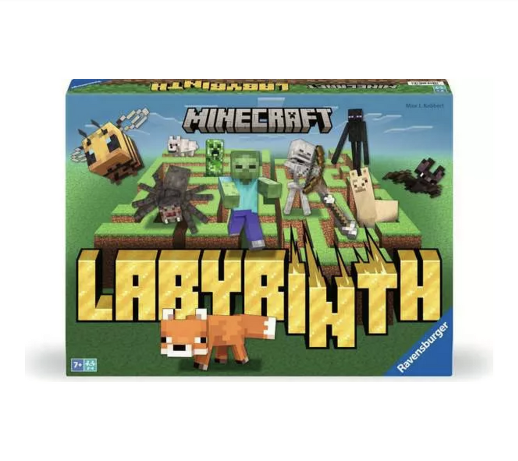 Colorfully illustrated box for Minecraft Labyrinth featuring all your favorite characters like Steve, Enderman, creeper, fox, llama, and more.