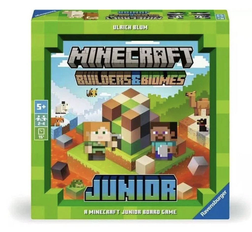 Minecraft Junior game boxed in  green box with illustrated graphics depicting life on the farm which is built while playing this cooperative game for younger kids. 