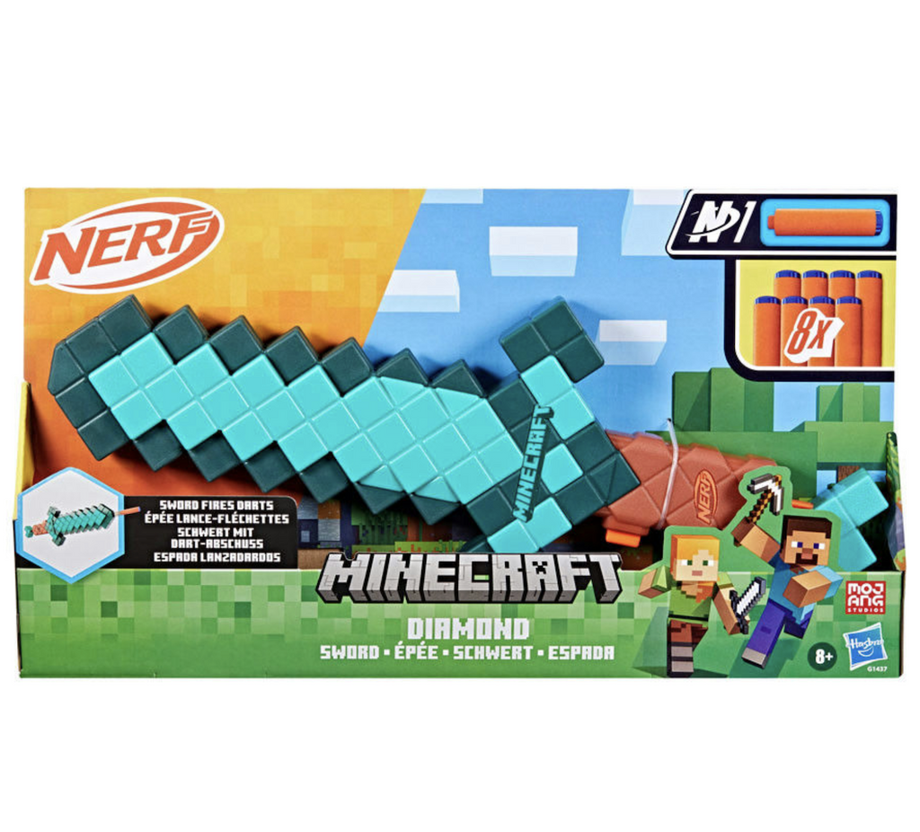 Minecraft Nerf Diamond Sword packaged in an open box with illustrations form the popular video game covering the box. 