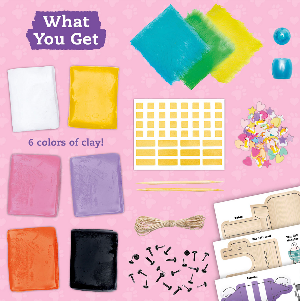 Six colors of clay, fabric, tools and accessories that are all included in the Klutz Kitty Condo craft kit.