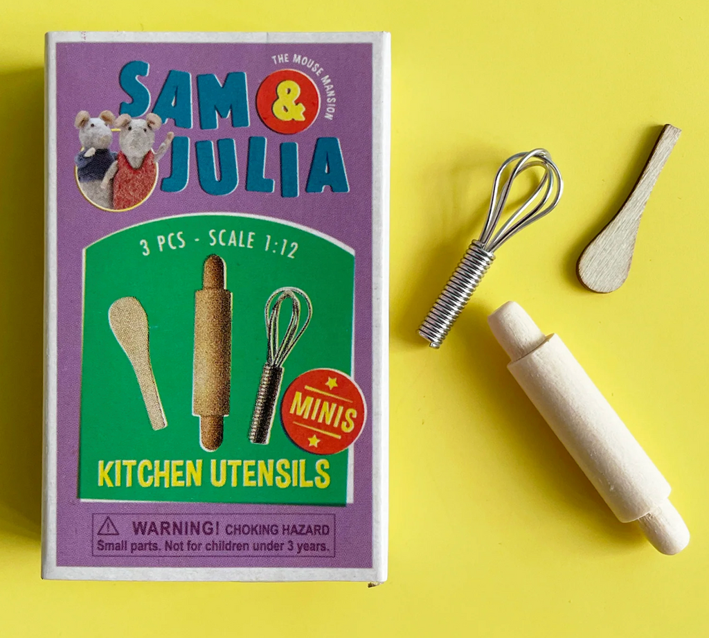 Individual Mini Kitchen Matchbox with the mini whisk, rolling pin and wooden spoon. 