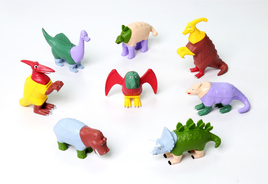 Mixed up dinosaurs created by piecing together different dinosaur parts.