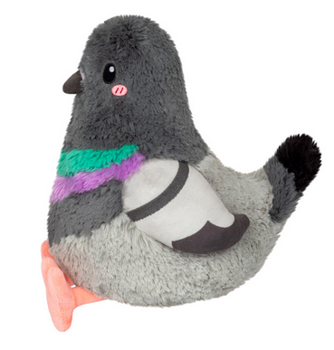 Side view of light and dark grey mini pigeon squishable with teal and purple rings around it's collar. 