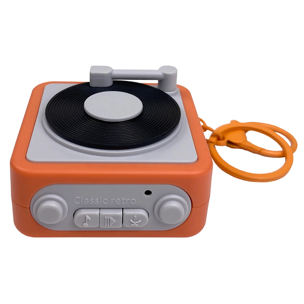 Small orange record player keychain. 