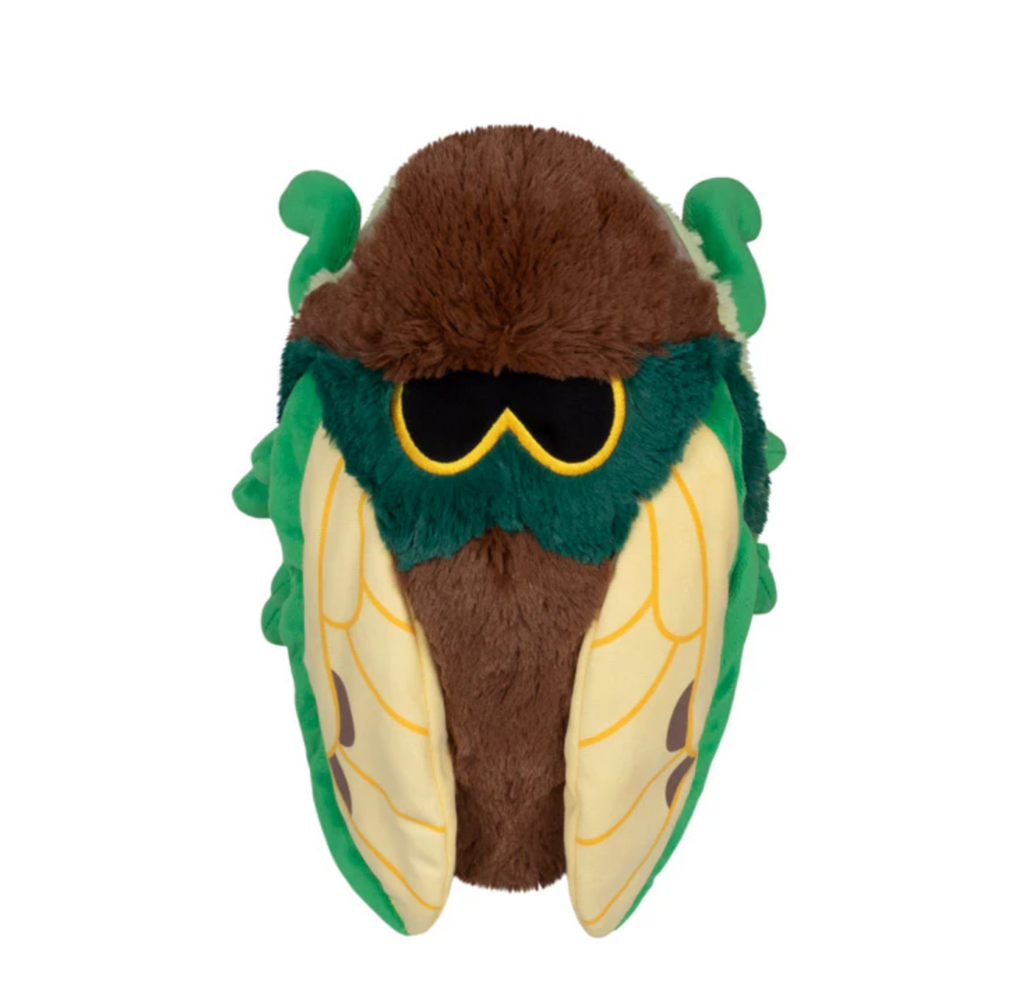 Top view of the Mini Squishable Cicada, showing off the plush wings and green legs. 
