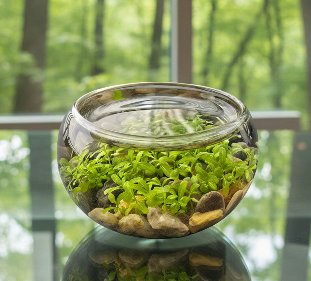   The round-bottom mini glass bowl filled with river gravel, accent stones and lush, green water plants. 