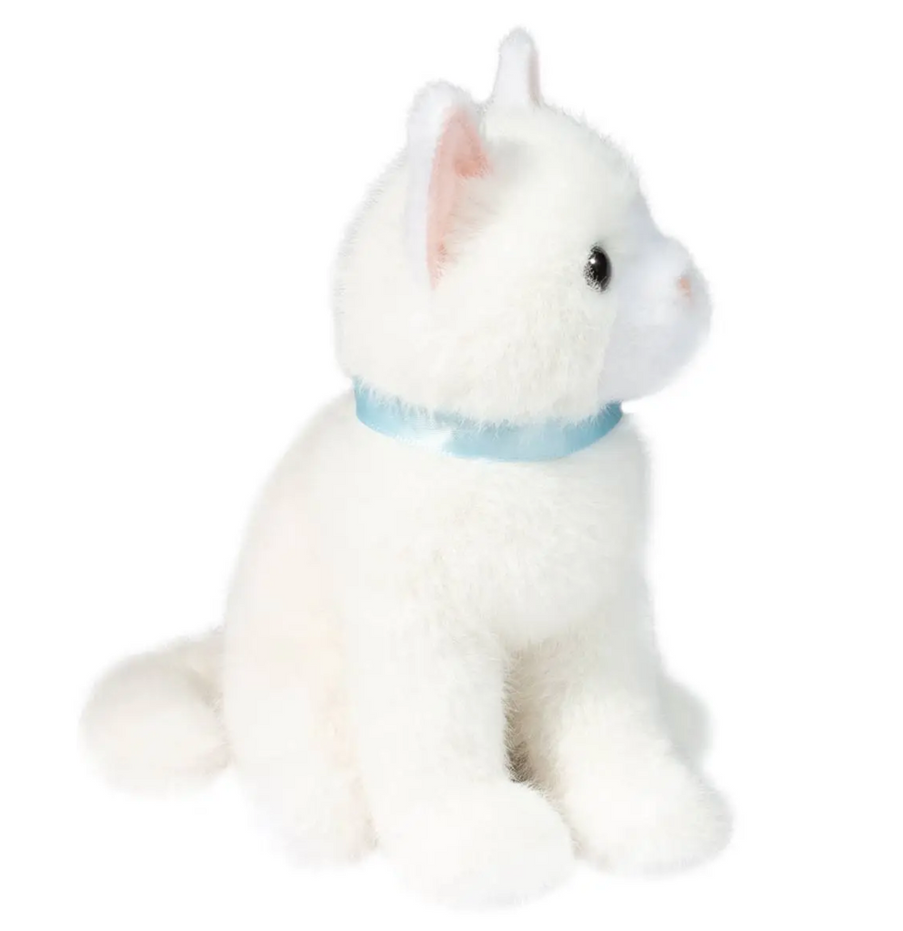 Mini White Cat stuffed animal sitting up and facing the left. 