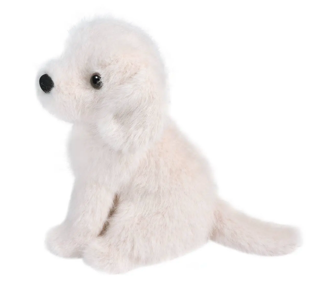 Side view of the Mini Yellow Lab stuffed animal with light cream colored fur and sweet brown eyes. 