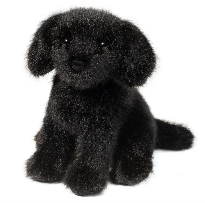 Mini Black Lab stuffed animal is small but oh so cute! With shiny black fur and sitting up and facing forward. 