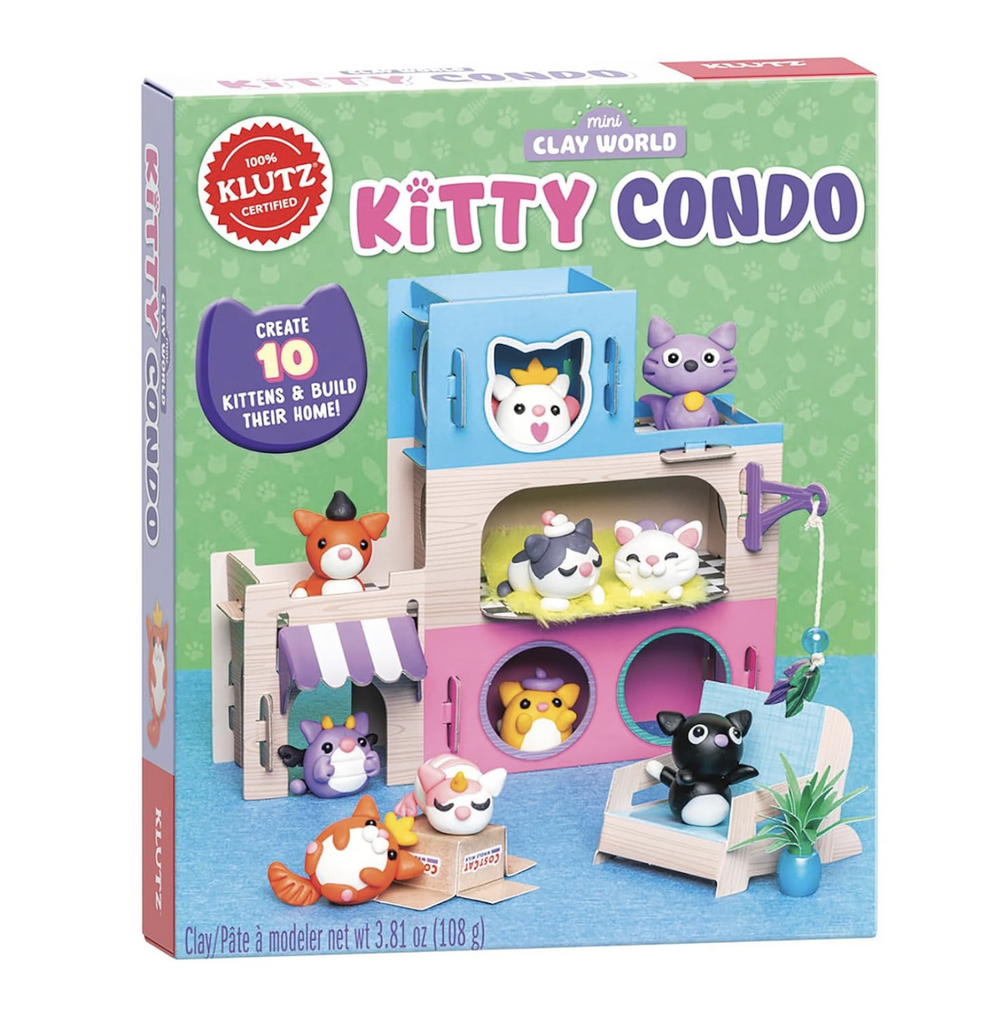 Colorful box featuring the Kitty Condo cat house made from wood and the 10 clay kittens all made with the Mini Clay World Kitty Condo craft kit from Klutz. 
