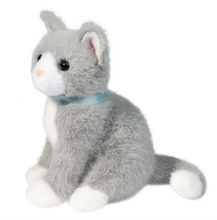The Mini Grey Cat has a smokey gray coat that is accented with white facial marking, bib, and adorable white mittens. Delicate pink within his ears and a little pink nose. 