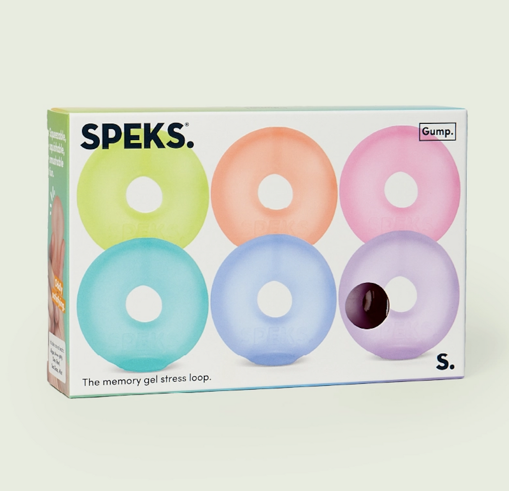 A horizontal box with each color of the Gump Loop Mini stress ring that is included in the Mini Gump Loops 6 pack. 