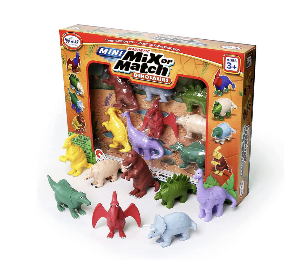 package of Mini Magnetic Mix or Match Dinosaurs has a window box showing the 8 included animals on a white background with the dinosaurs displayed in front.