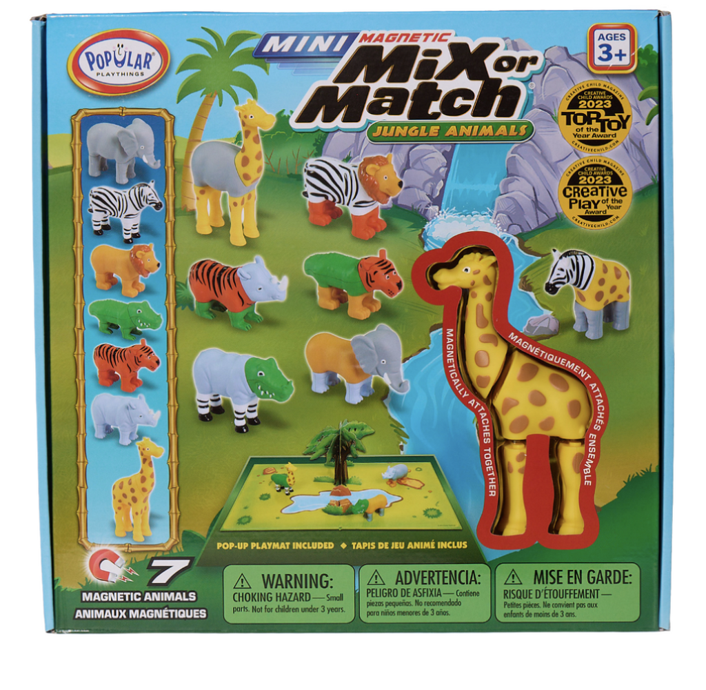 Mini Magnetic Mix or Match Jungle Animals package has a window box showing the included giraffe and illustrations of all the different animals that can be created with the 4 included jungle animals.