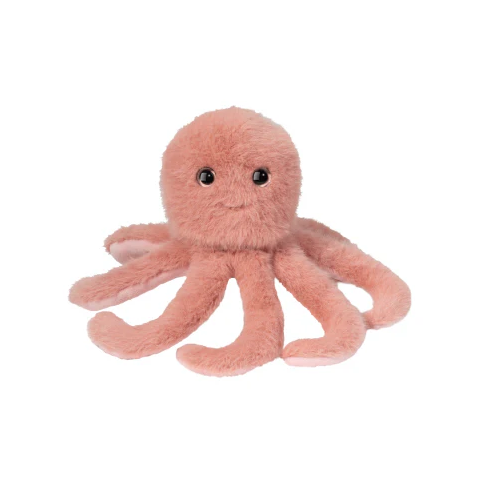 Fuzzy pink stuffed octopus with eight legs swirling around them. 