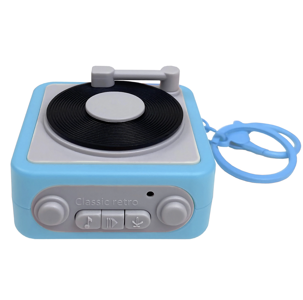 Mini blue record player that plays music attached to a key ring. 