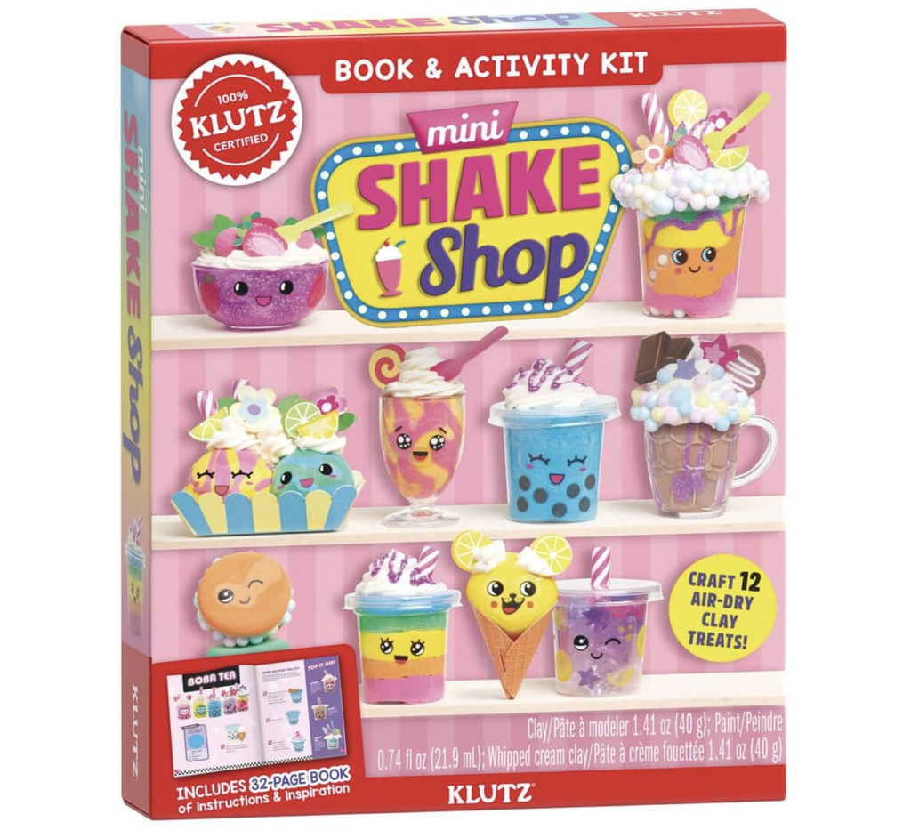 Mini Shake Shop craft kit box with pictures of the many air dry crafts that can be made using the kit. 