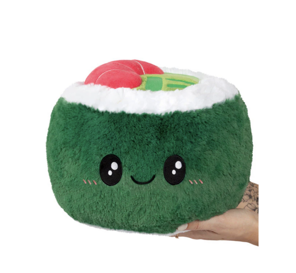 Mini Squishable sushi roll is a plush sushi roll with green "seaweed" sides with a happy face and plush shrimp and avocado on the top.