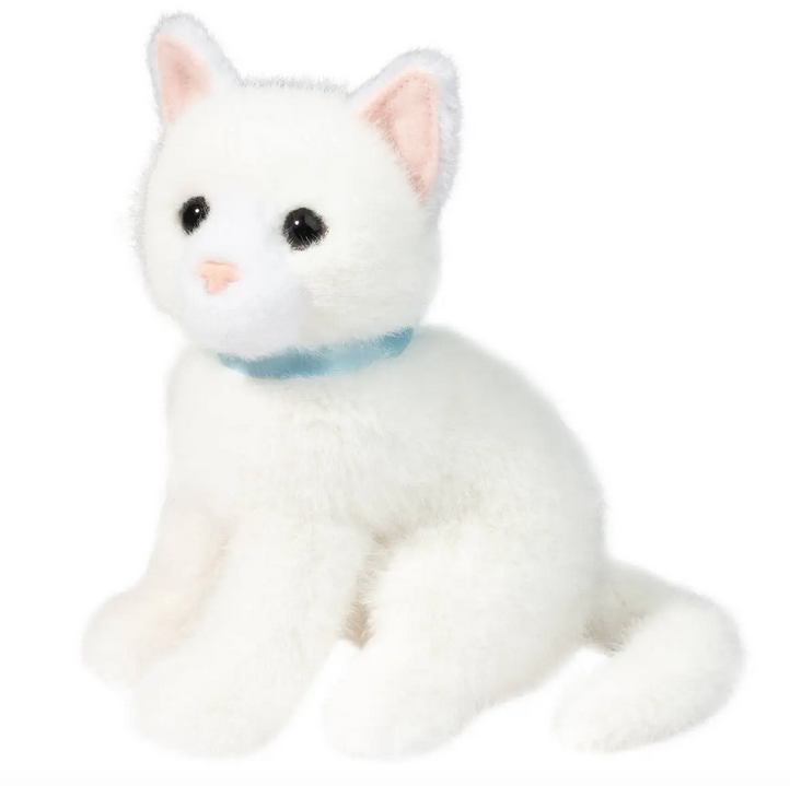 The Mini White Cat sitting up and facing forward with it's bright white fur, dark eyes and blue satin ribbon. 