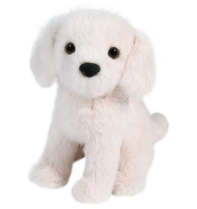 Mini Yellow Lab stuffed animal with light cream colored fur and sweet brown eyes. 