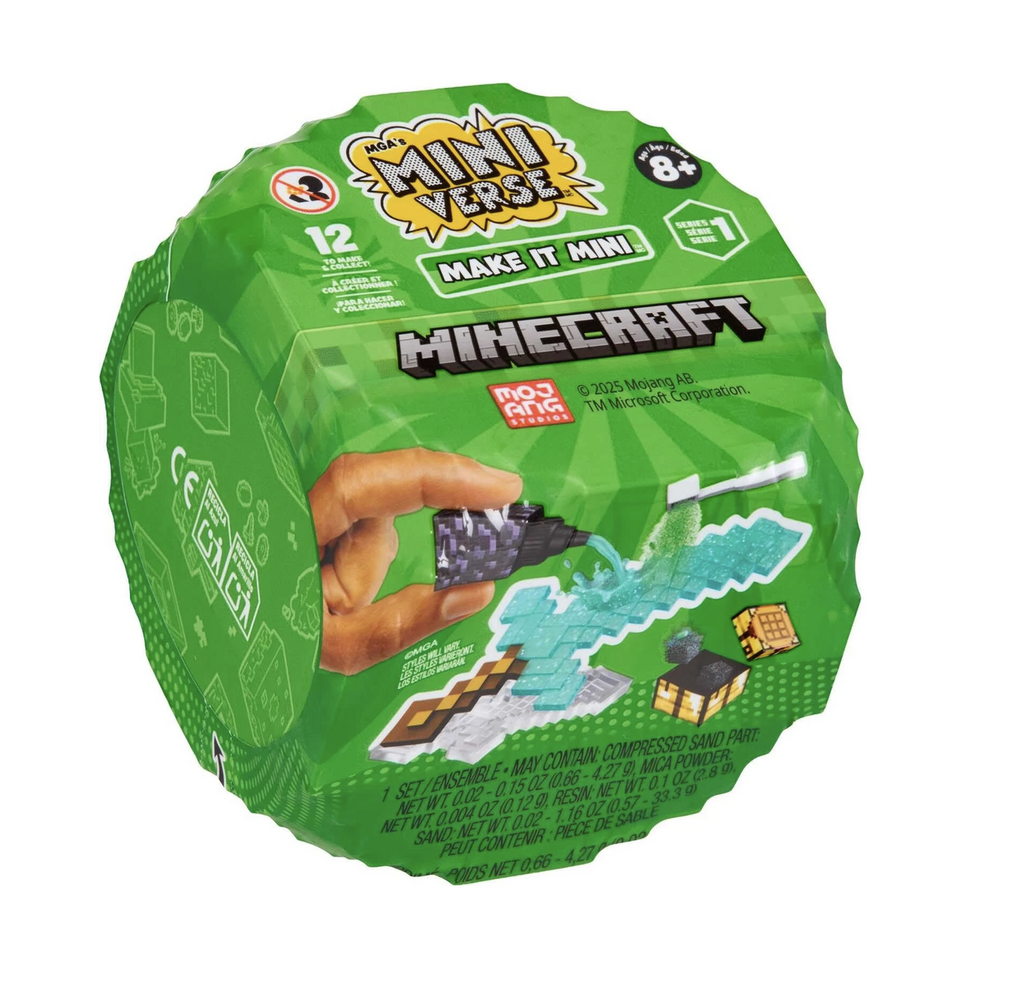 Minecraft Miniverse Make It Mini green cube which holds a kit that makes a surprise item from the Minecraft universe. 