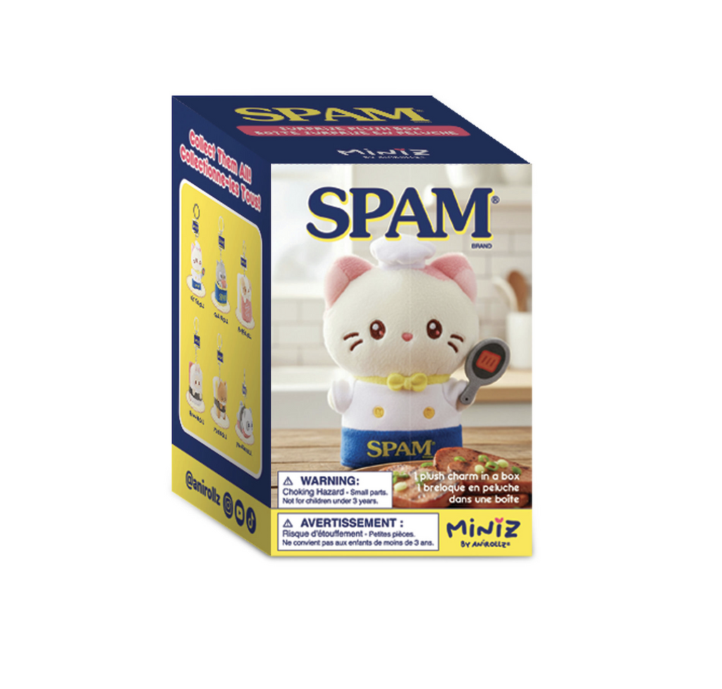 Miniz Spam Surprise plush key chain with a picture of a kitten dressed like a chef and holding a frying pan. On the side of the box there is an illustration of each of the collectible figures included in this series. 