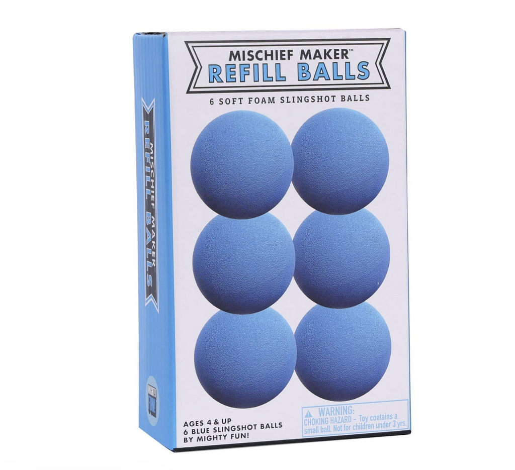 Six blue foam slingshot balls pictured on the front of the refill box. 