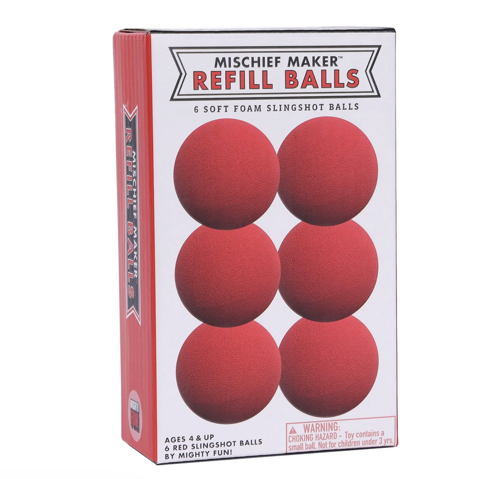 Red foam slingshot balls in a box. 