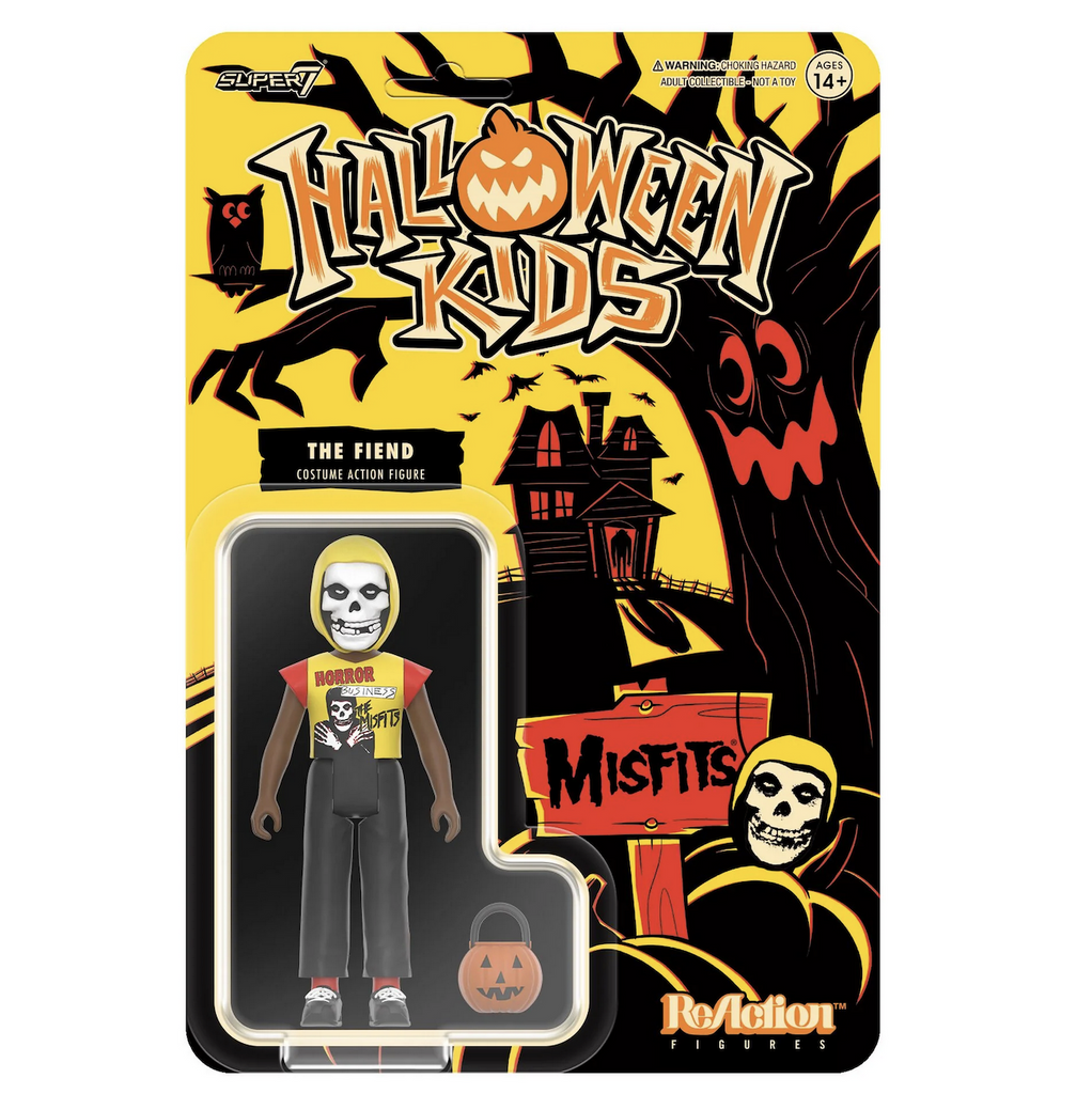 Misfits The Fiend Halloween Kids figure by Reaction packaged on a backing card with vintage Halloween graphics. 