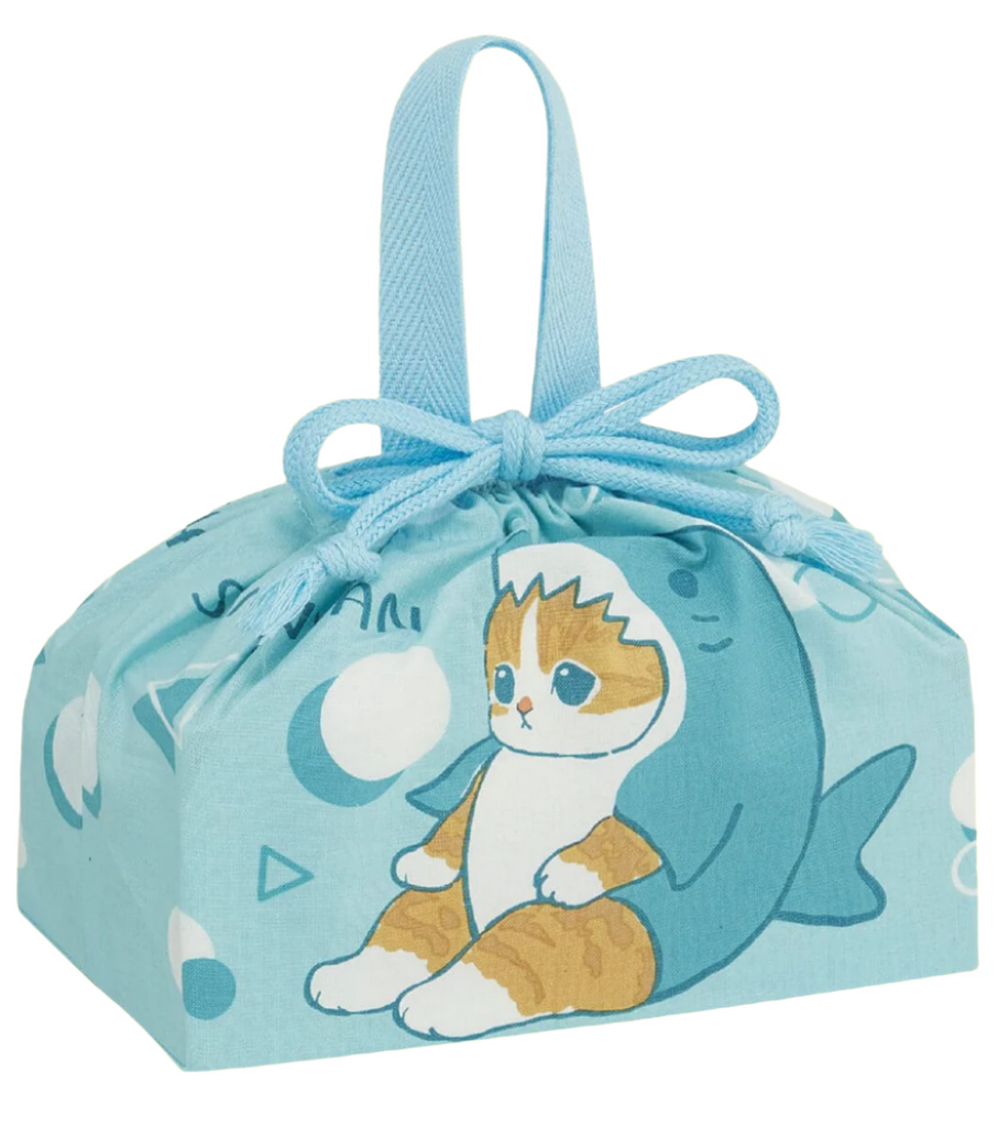 Blue Mofusand Cat in a Shark Costume cotton drawstring lunch bag.