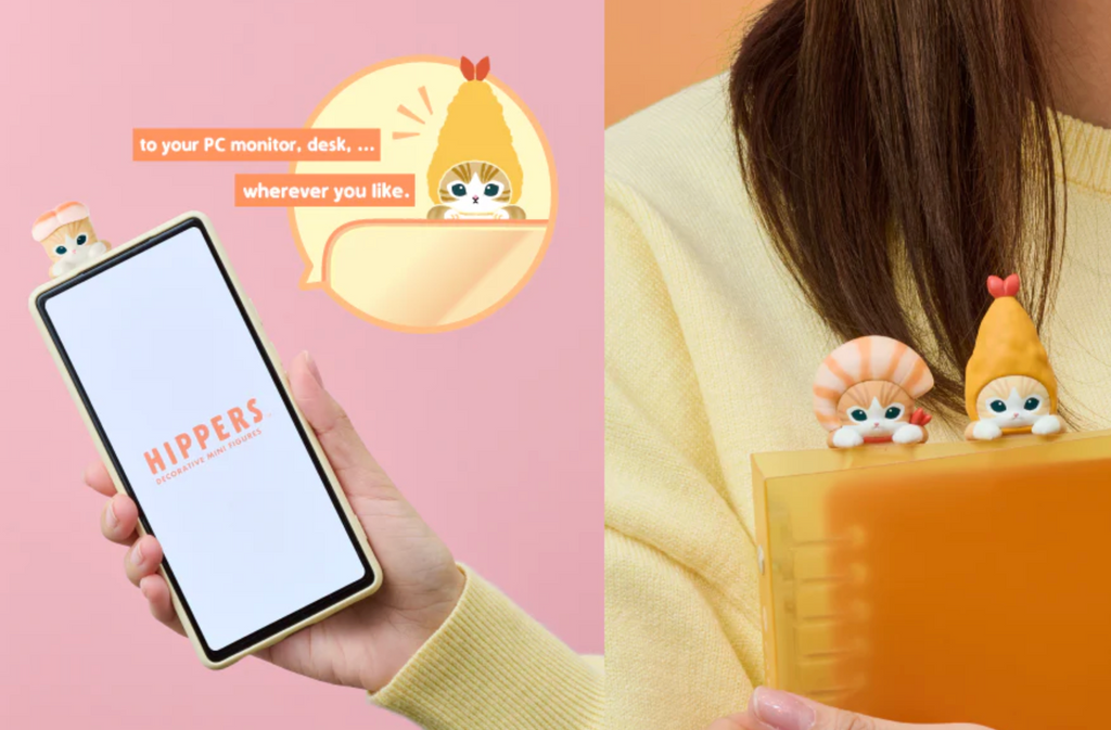 Mofusand Meow Shrimp Hippers on a phone and binder.