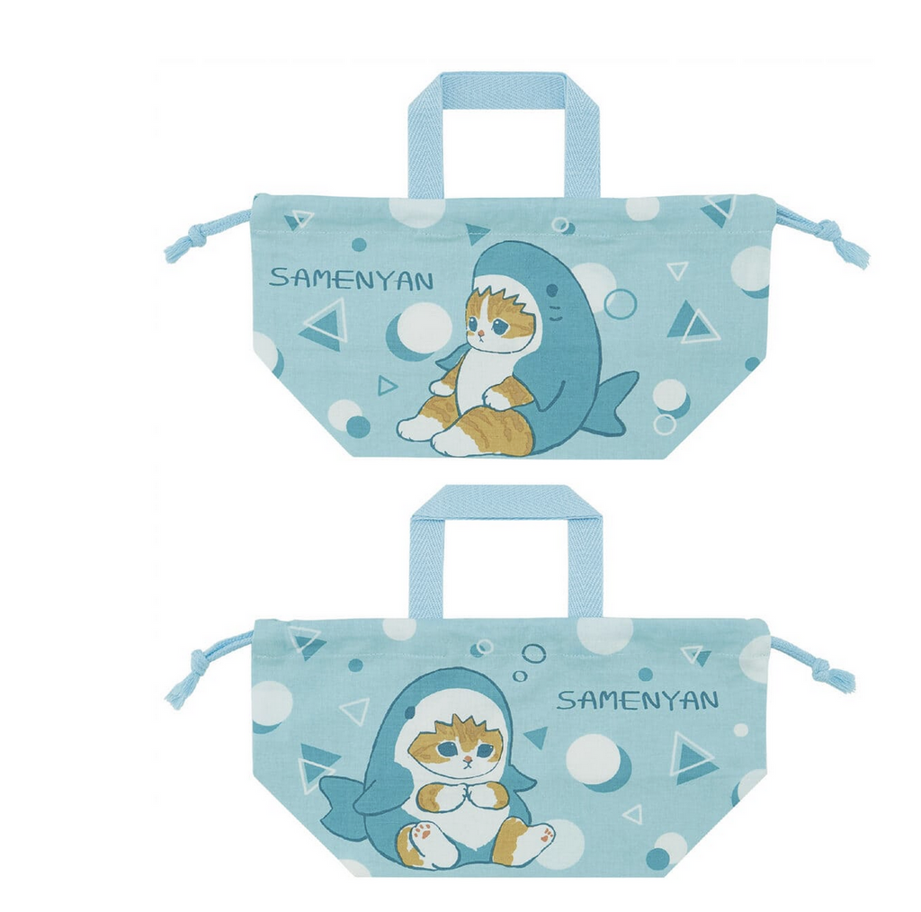 Mofusand Cat in a Shark costume blue cotton lunch bag.