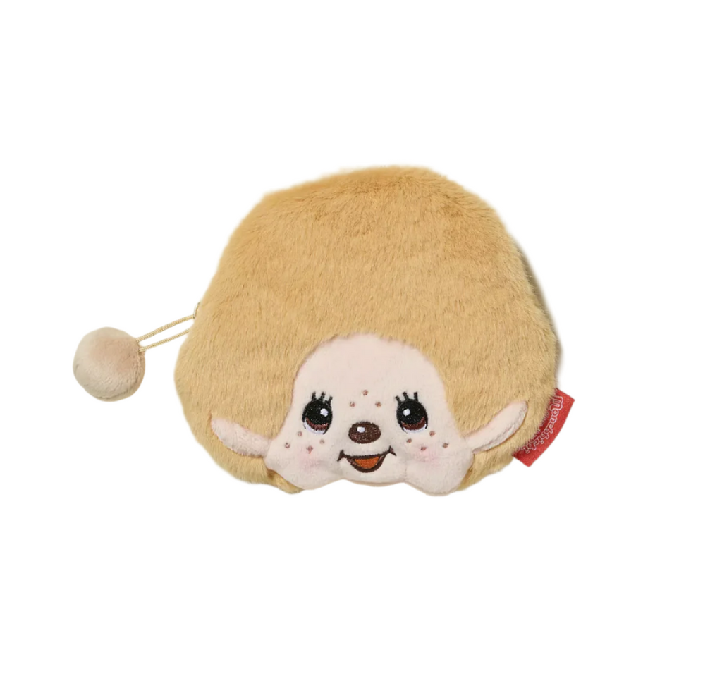 Monchhichi Beige Boy plush coin purse shaped like the adorable retro toy's face. with a pom pom as a zipper pull this coin purse is too cute!