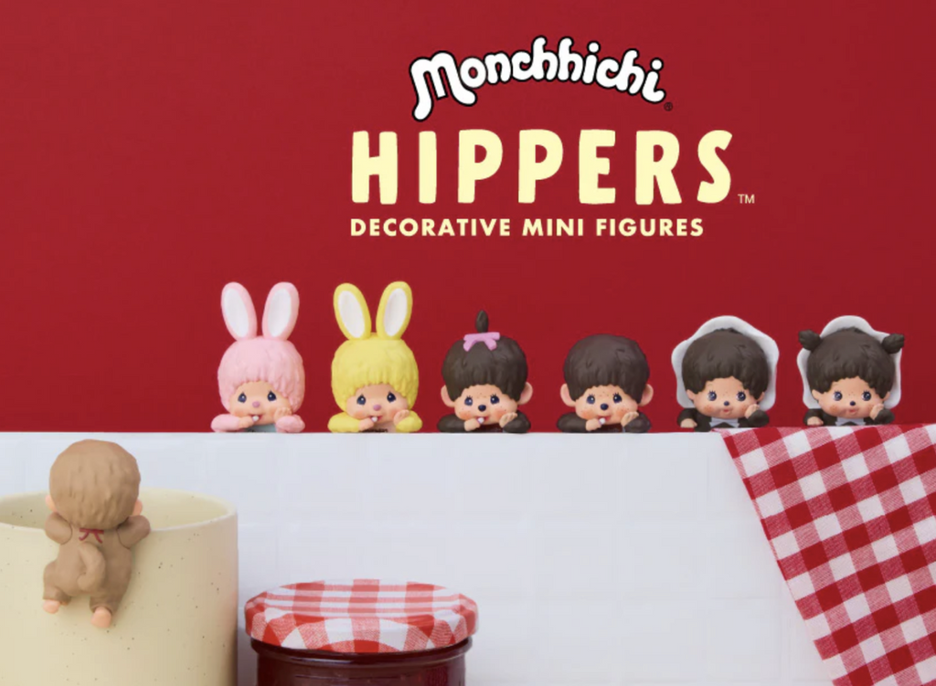 Various styles of Monchhichi Hippers on a red and white background.