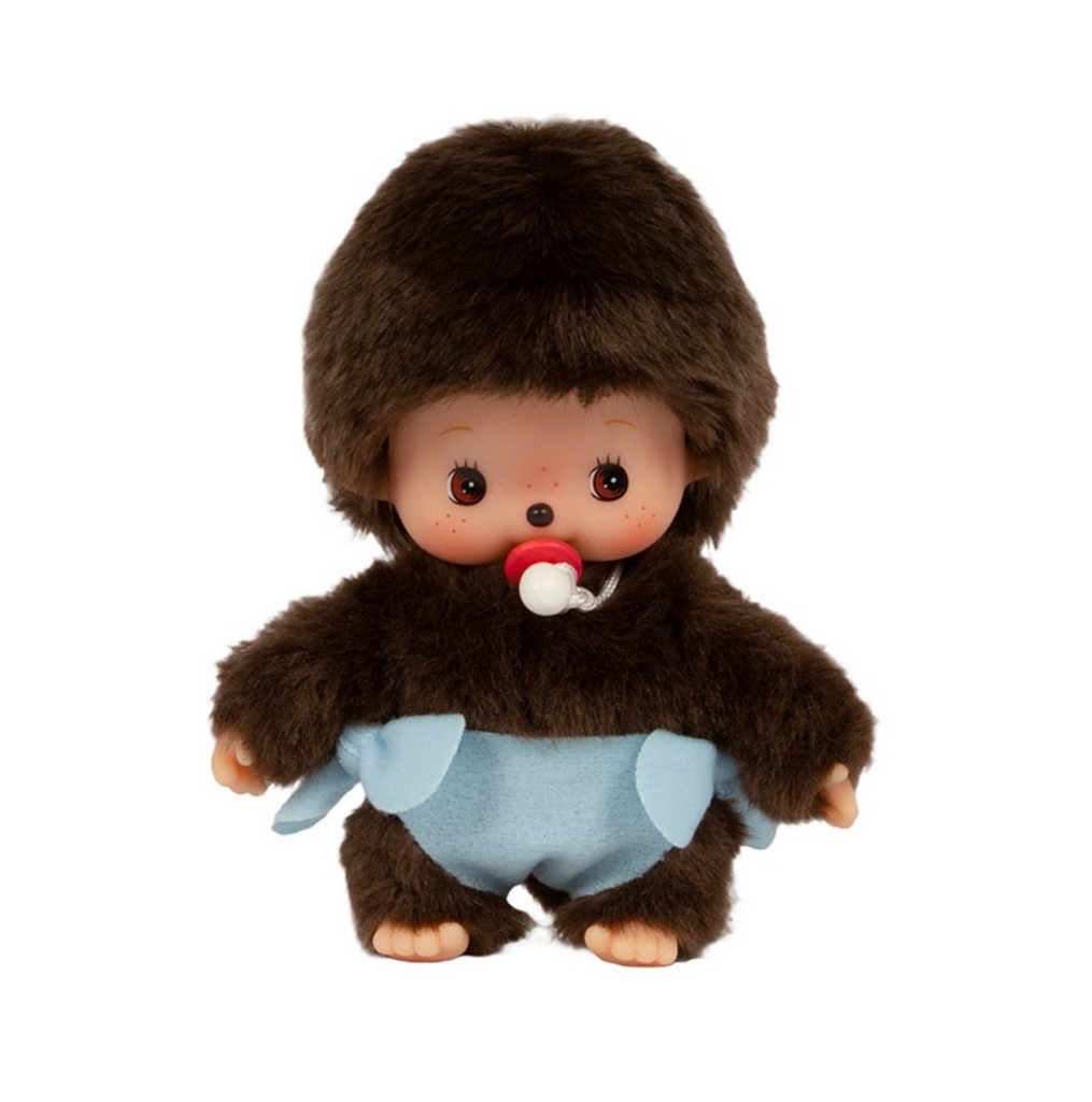 Close up picture of the classic Boy Monchhichi Bebichhichi in a blue diaper. 