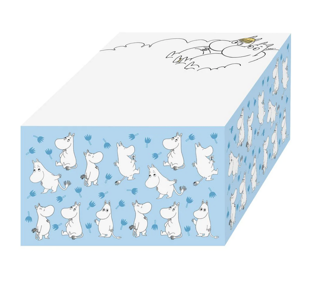 Blue memo block with illustrations of Moomin along the sides and in the top corner of each note. 