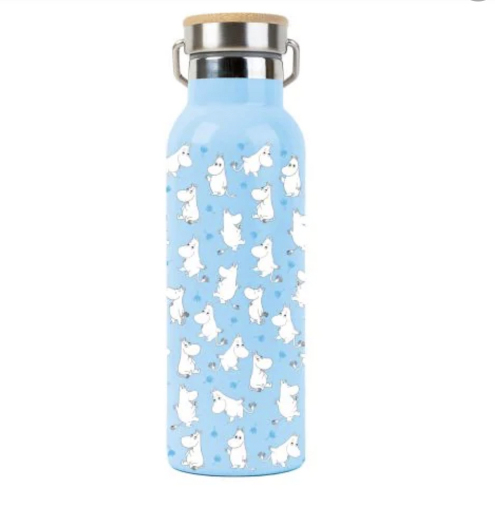 Blue stainless steel water bottle with the Moomin character illustrated all over the bottle. 