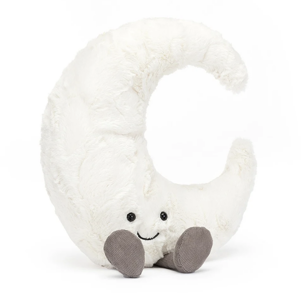 Adorable plush half moon with grey boots.