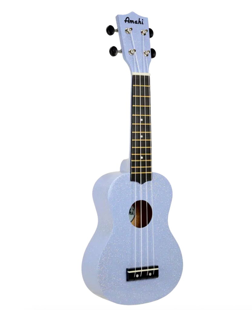 Soprano sized ukulele has a light, glittery blue design with a painted finish on the wood body of the instrument.