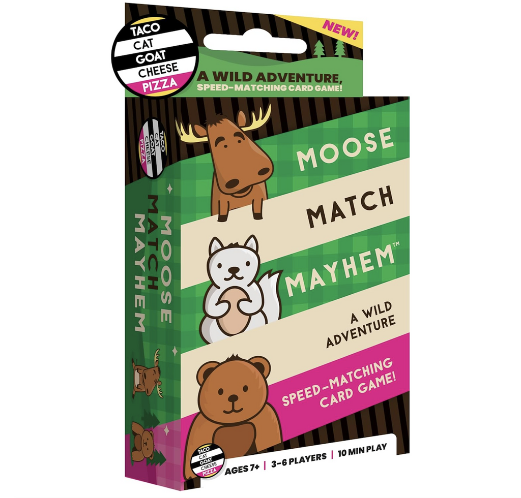 Moose Match Mayhem card game in it's box with green stripes and animal illustrations. 